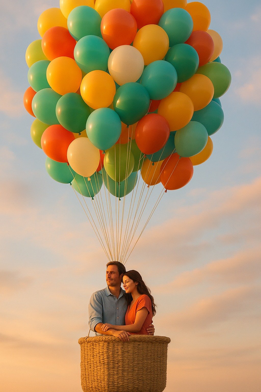 Pareja en un globo elevado por globos de colores, simbolizando ligereza emocional, expansión y nuevos comienzos.